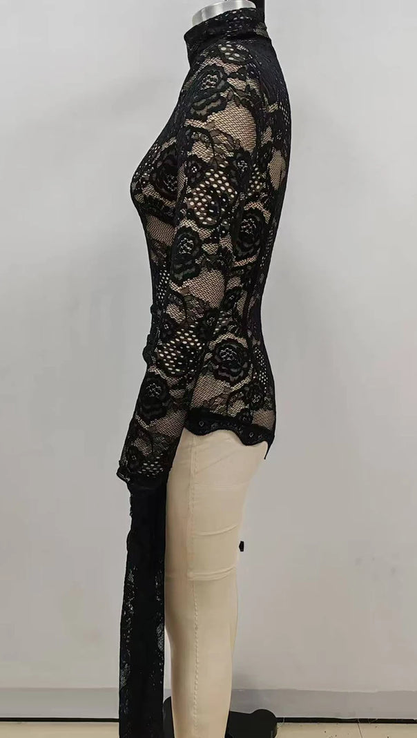 AIIZIE ZANNA BLACK HIGH NECK EMBROIDERED LACE BODYSUIT - product image