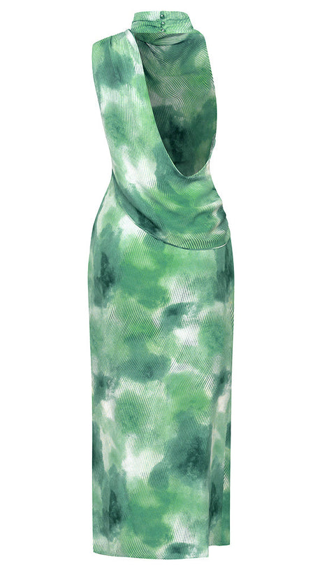 TIE DYE SPLIT THIGH BACKLESS DRESS IN GREEN