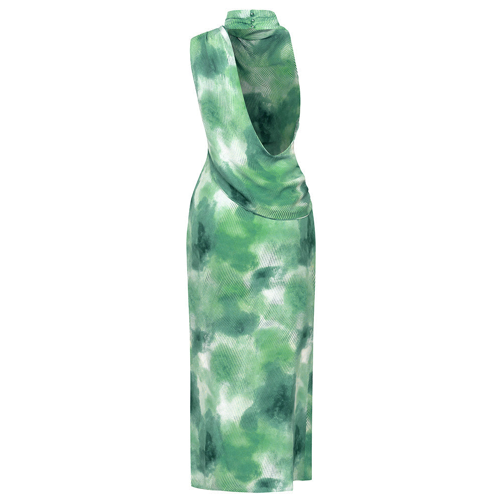 AIIZIE TIE DYE SPLIT THIGH BACKLESS DRESS IN GREEN - product image