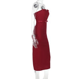 demi bow strapless midi dress in merlot