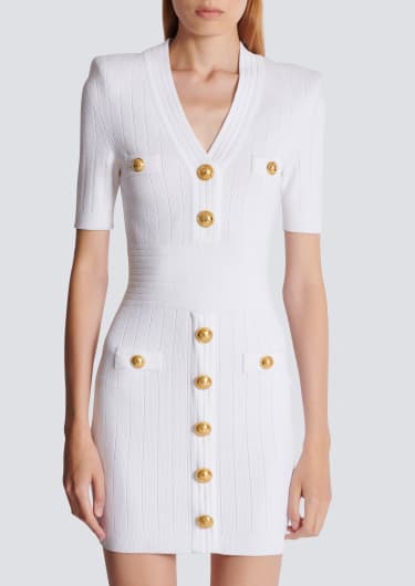 MINI ABITO CORTO IN MAGLIA TARA WHITE CON BOTTONI ORO