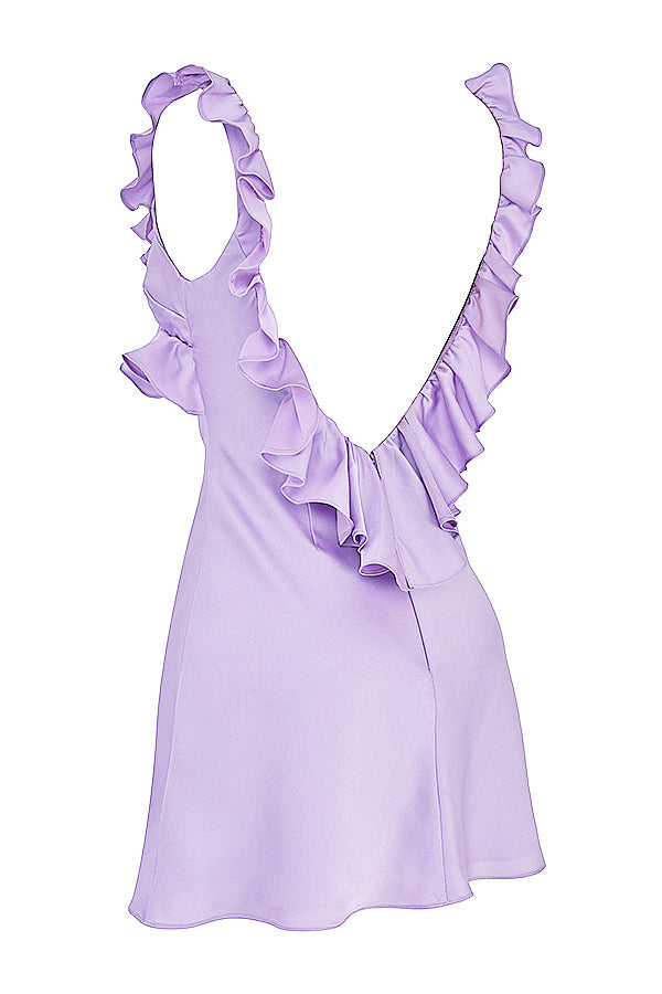 PURPLE BUTTERCUP SATIN RUFFLE MINI DRESS