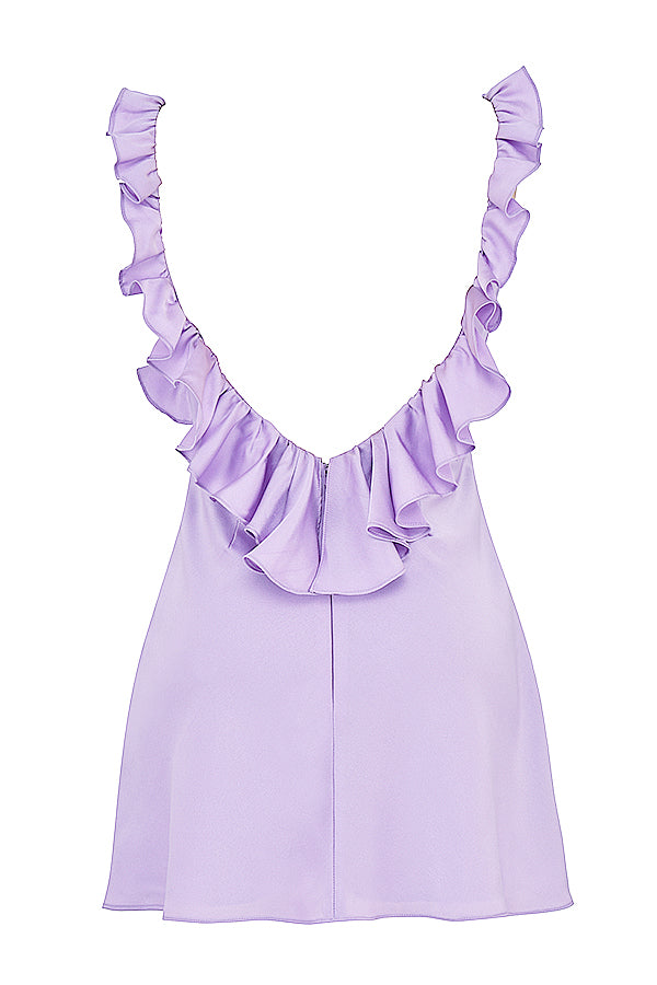 PURPLE BUTTERCUP SATIN RUFFLE MINI DRESS