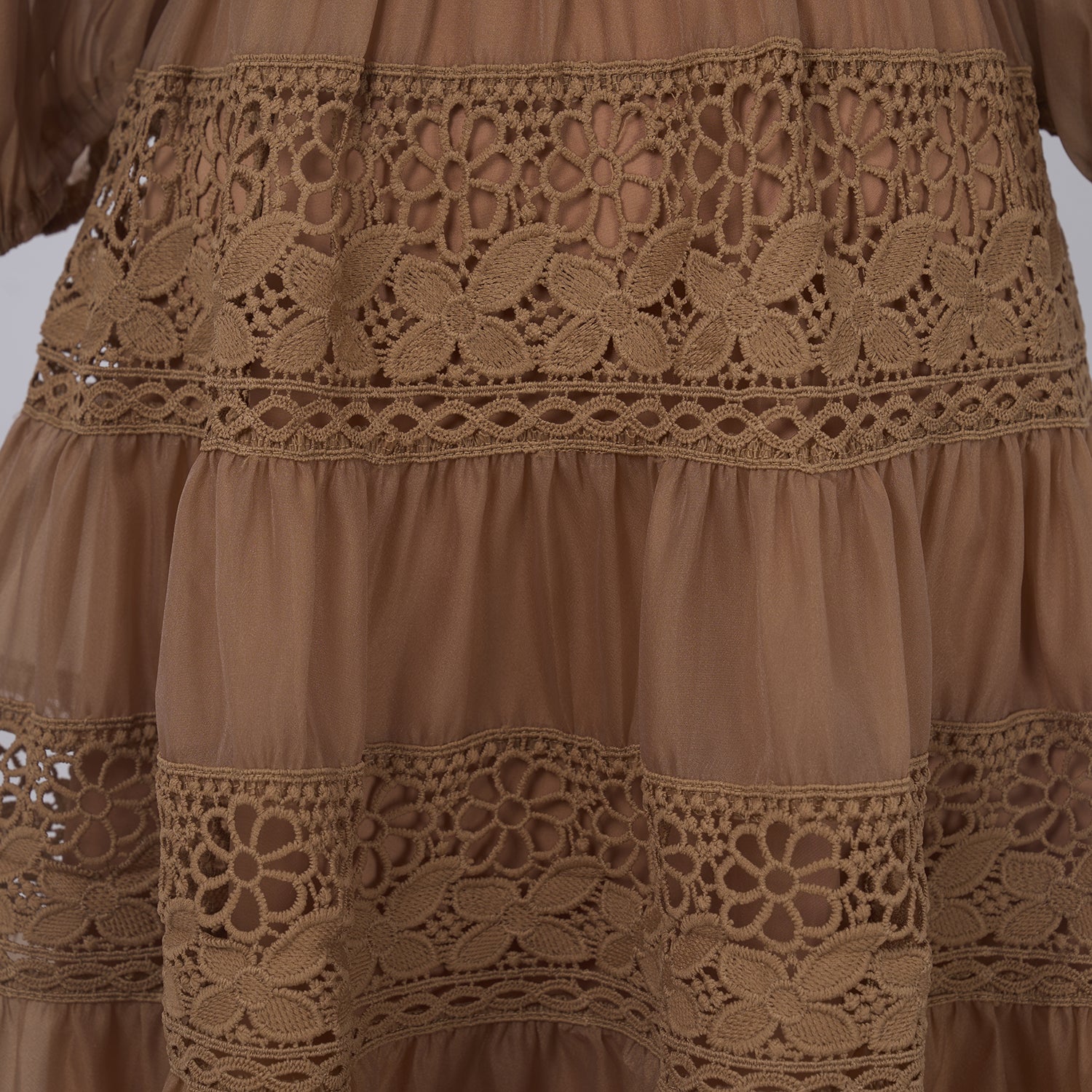 Khaki Lace - Trimmed Tiered Fall Dress