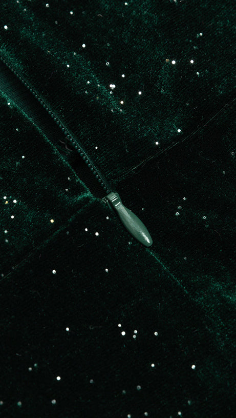 GREEN SINGLE SLEEVE VELVET MAXI DRESS