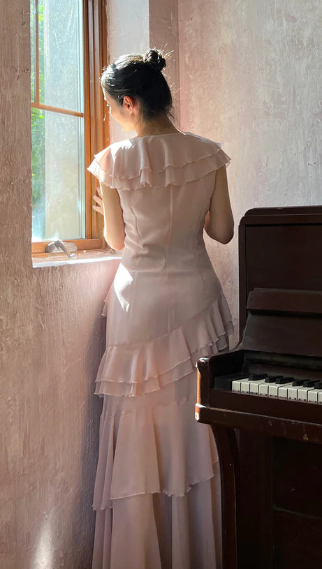 RUFFLED MAXI DRESS IN PALE PINK