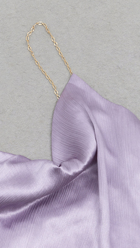 LILAC RUFFLE TRIM ASYMMETRICAL HEM SATIN MIDI DRESS