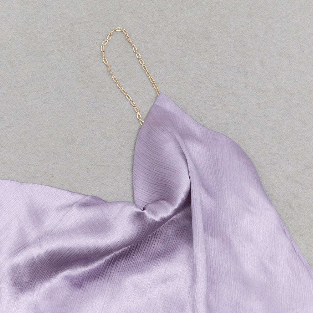 AIIZIE LILAC RUFFLE TRIM ASYMMETRICAL HEM SATIN MIDI DRESS - product image