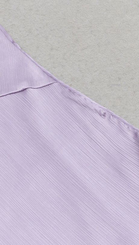 LILAC RUFFLE TRIM ASYMMETRICAL HEM SATIN MIDI DRESS