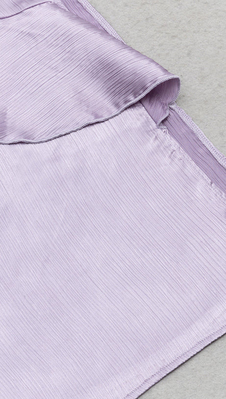 LILAC RUFFLE TRIM ASYMMETRICAL HEM SATIN MIDI DRESS