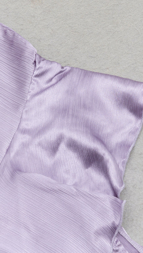 LILAC RUFFLE TRIM ASYMMETRICAL HEM SATIN MIDI DRESS