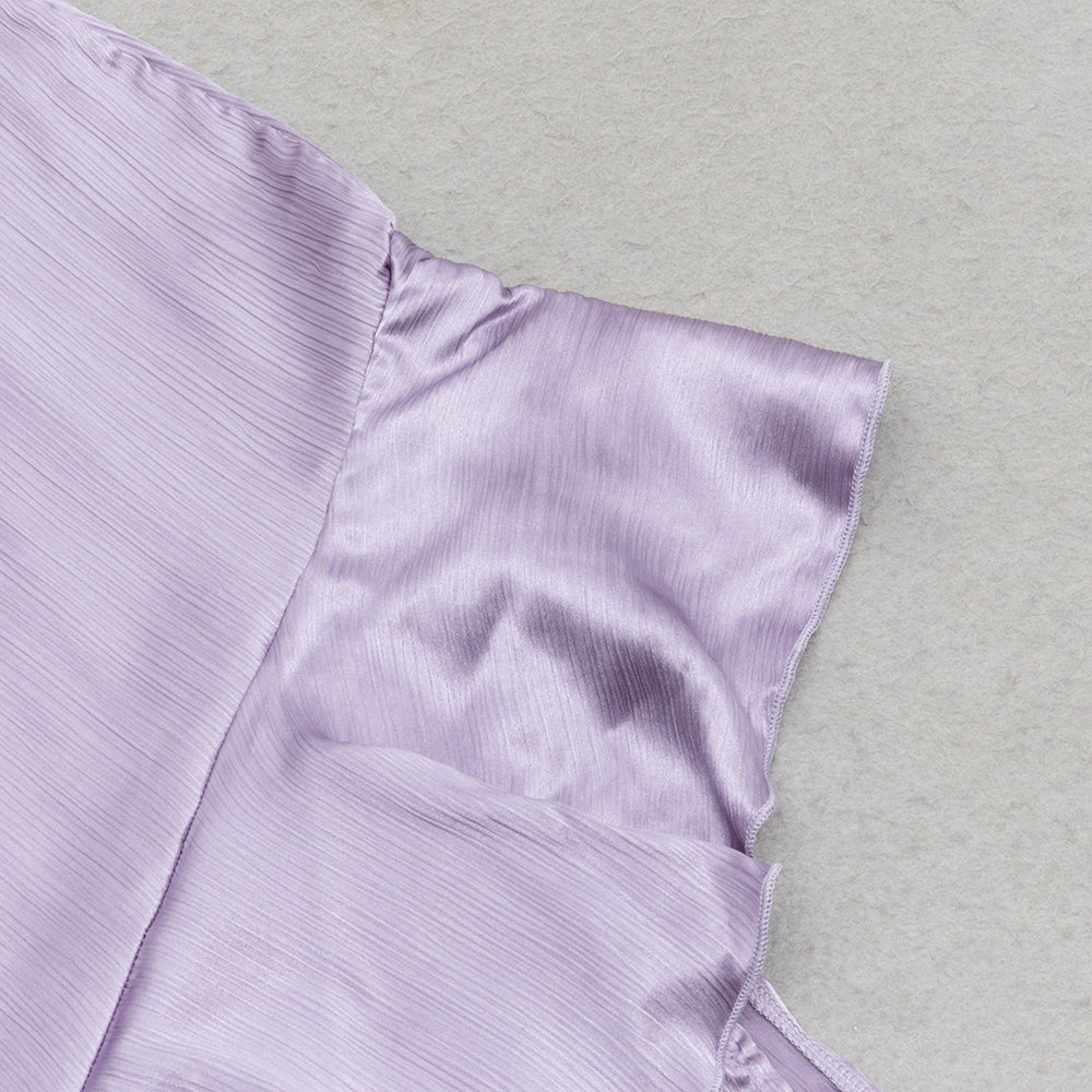 AIIZIE LILAC RUFFLE TRIM ASYMMETRICAL HEM SATIN MIDI DRESS - product image
