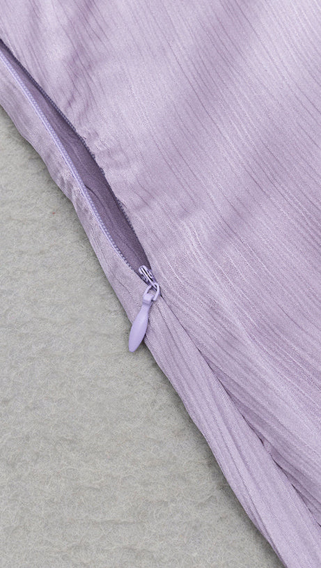 LILAC RUFFLE TRIM ASYMMETRICAL HEM SATIN MIDI DRESS