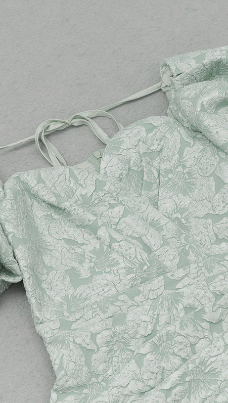 GREEN SWEETHEART NECK PUFF SLEEVE SPLIT THIGH DRESS