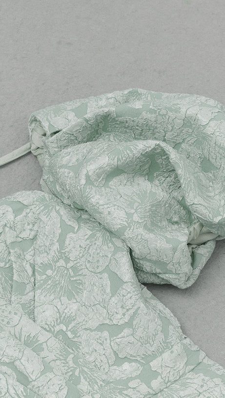 GREEN SWEETHEART NECK PUFF SLEEVE SPLIT THIGH DRESS