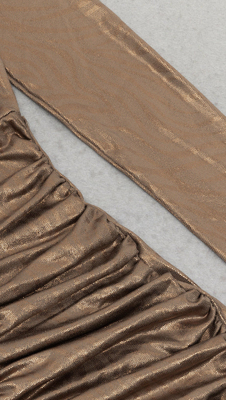 ABITO MIDI AVVOLGENTE CON FIANCHI A PLISSETTE MARRONE