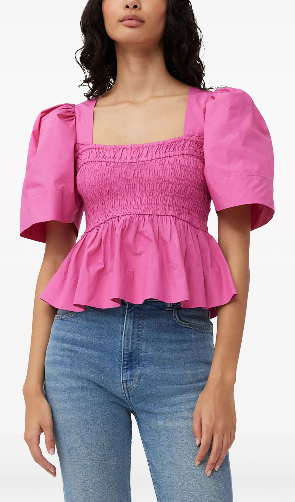 BLUSA ROSA CON PEPLUM ARRICCIATO 