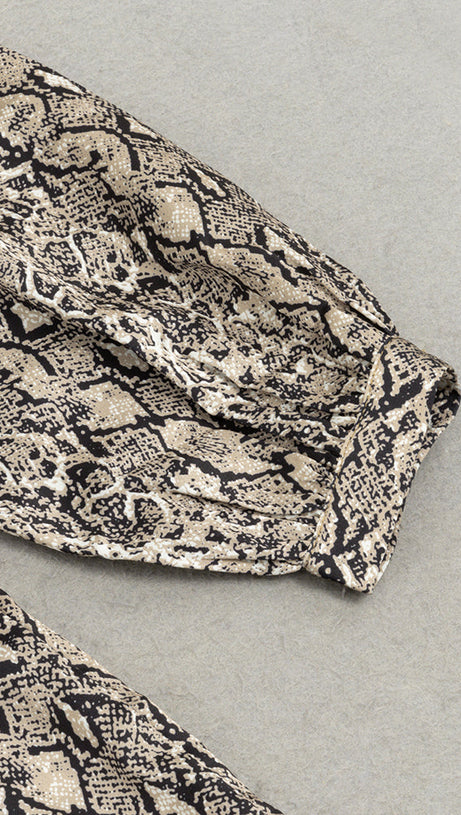 SNAKE PRINT LANTERN SLEEVE MERMAID HEM MAXI DRESS