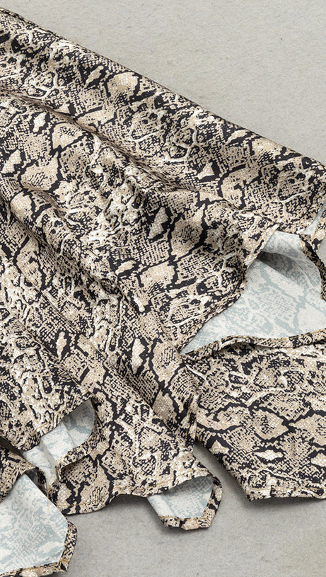 SNAKE PRINT LANTERN SLEEVE MERMAID HEM MAXI DRESS