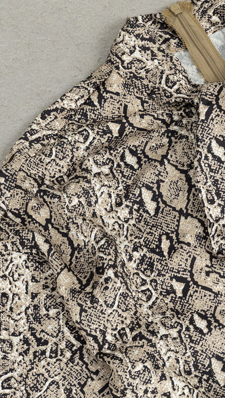 SNAKE PRINT LANTERN SLEEVE MERMAID HEM MAXI DRESS