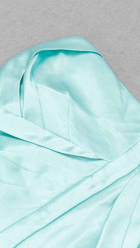 GREEN STRAPLESS BACKLESS SIDE SPLIT PLEATED MIDI DRESS