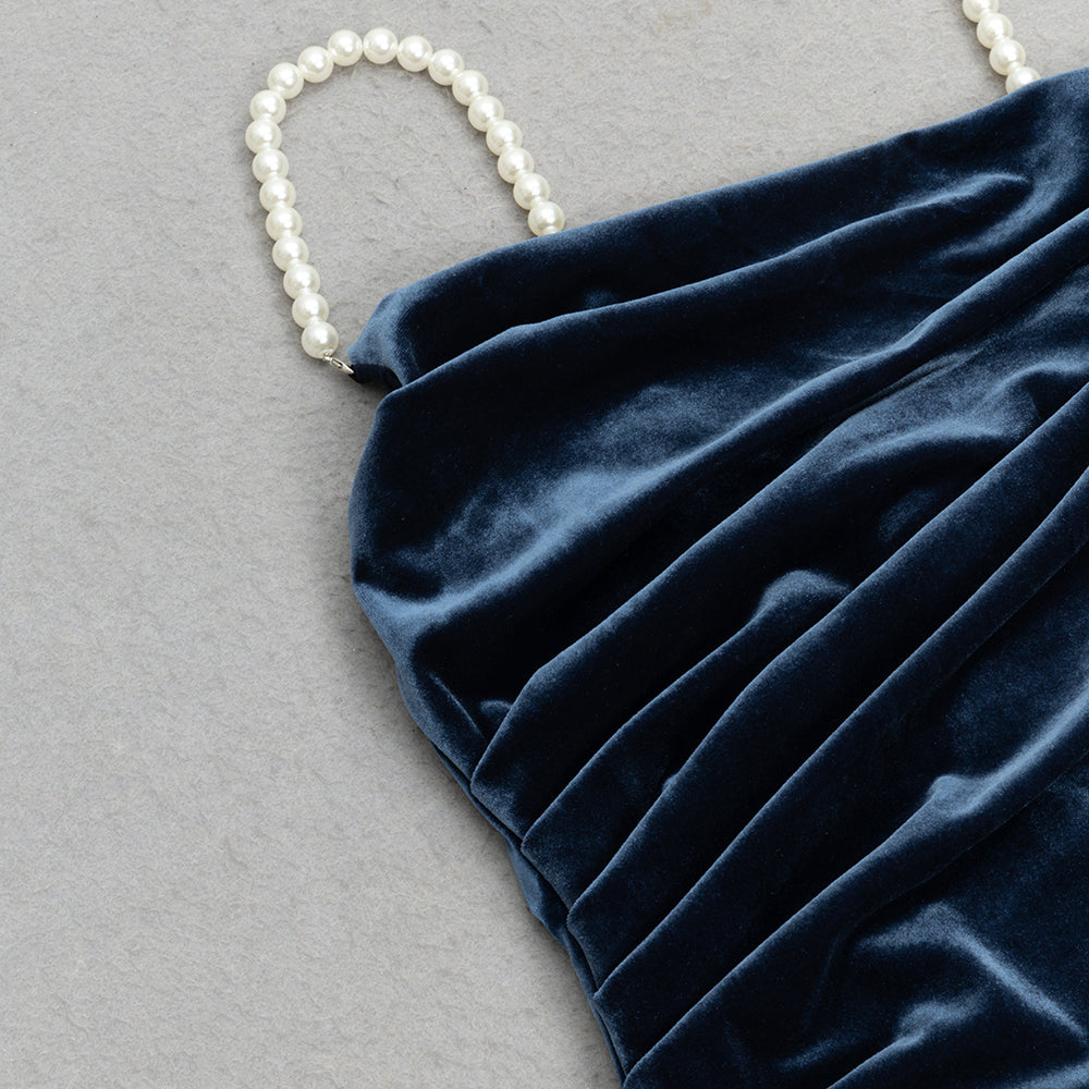 AIIZIE NAVY BEADLESS STRAPLESS VELVET BACKLESS PLEATED MIDI DRESS - product image