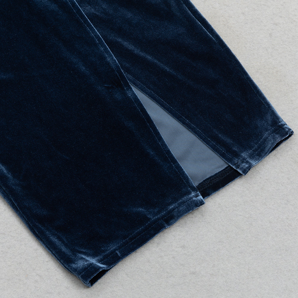 AIIZIE NAVY BEADLESS STRAPLESS VELVET BACKLESS PLEATED MIDI DRESS - product image