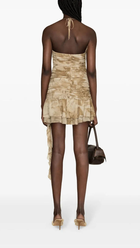 RUFFLED PYTHON-PRINT MINI DRESS IN SAND BEIGE