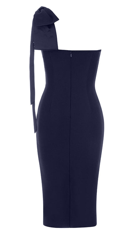 HEDDA TIE SHOULDER SPLIT BANDAGE DRESS IN NAVY