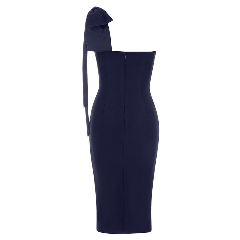 HEDDA TIE SHOULDER SPLIT BANDAGE DRESS IN NAVY