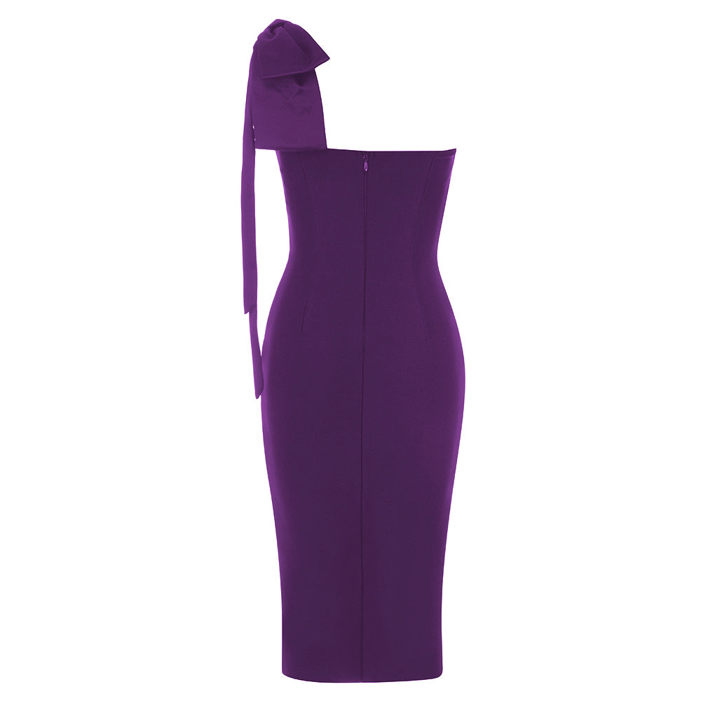 AIIZIE CALISTA PURPLE ONE BOW SHOULDER SPLIT BANDAGE MIDI DRESS - product image