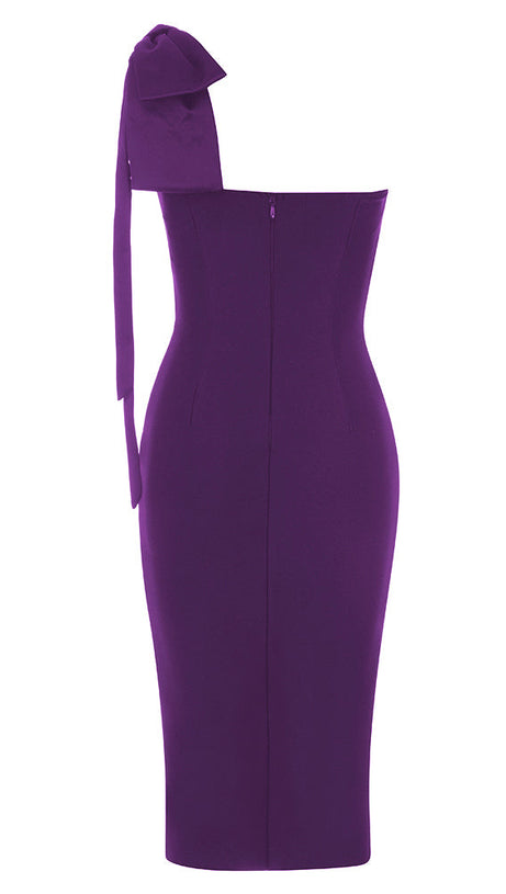 HEDDA TIE SHOULDER SPLIT BANDAGE DRESS IN PURPLE