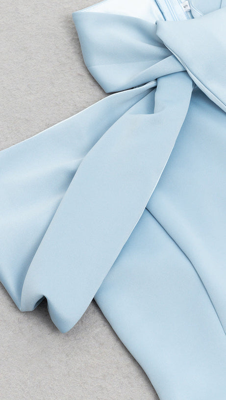 CROSS NECK BODYCON MIDI DRESS IN BLUE