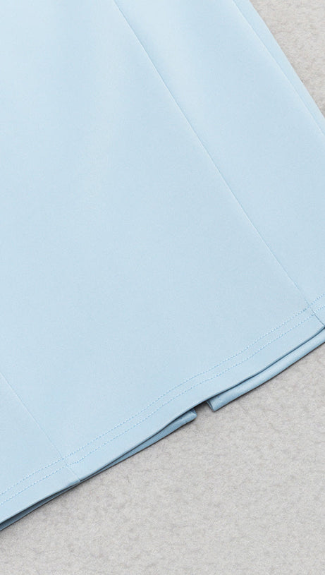 CROSS NECK BODYCON MIDI DRESS IN BLUE