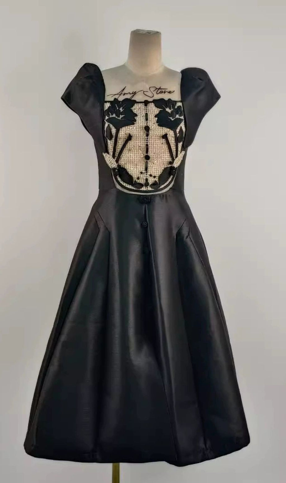 VANESSA EMBROIDERY PATCHWORK MIDI DRESS IN BLACK