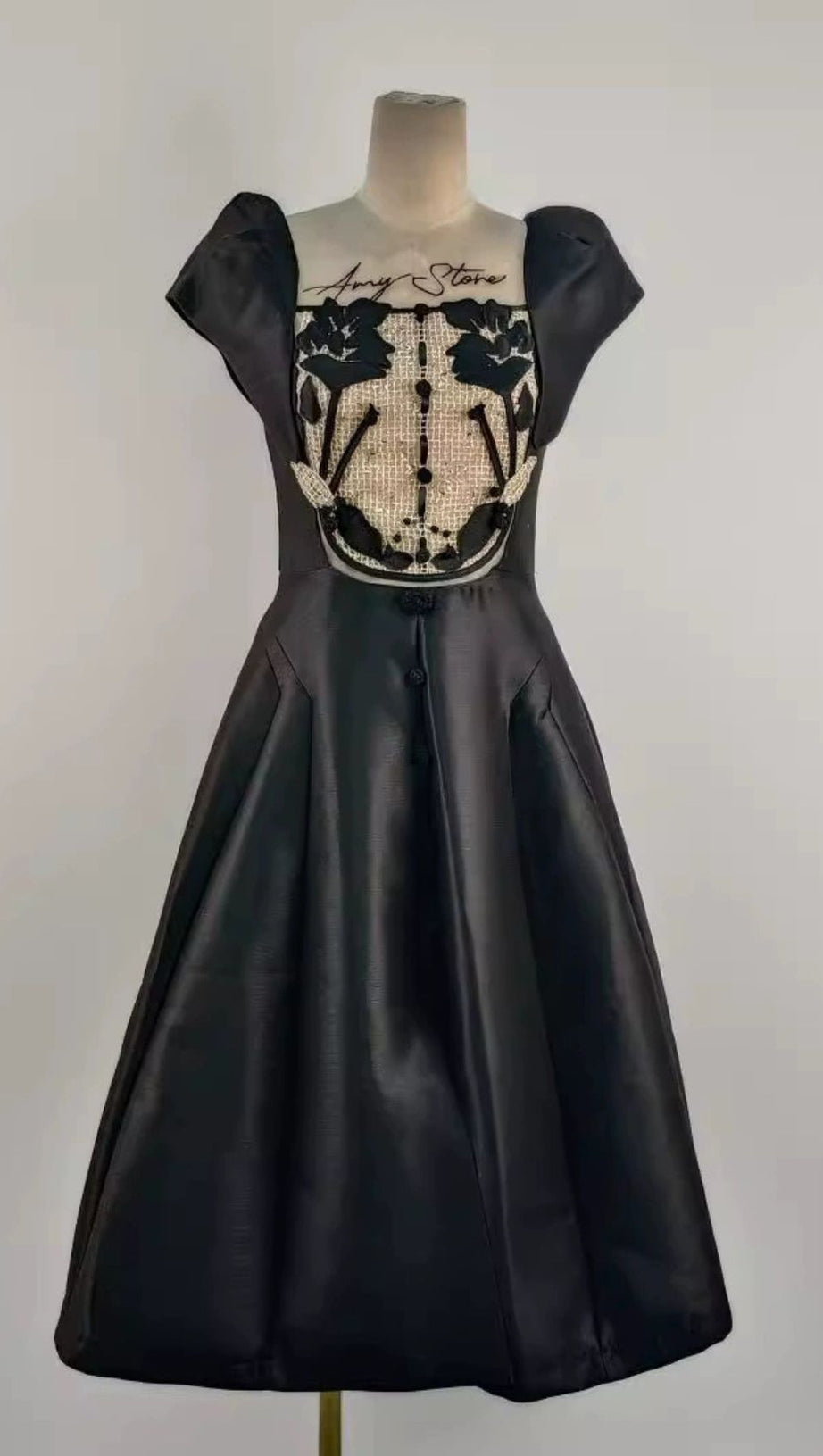 VANESSA EMBROIDERY PATCHWORK MIDI DRESS IN BLACK