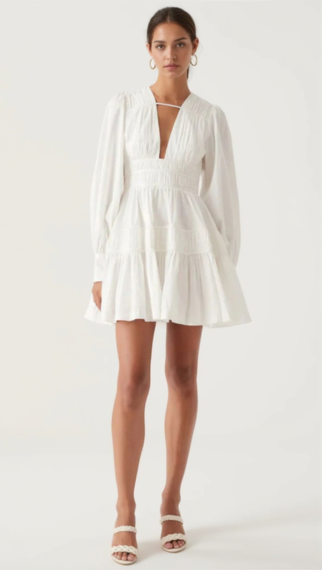 VALERIE FALLINGWATER RUCHED MINI DRESS IN WHITE