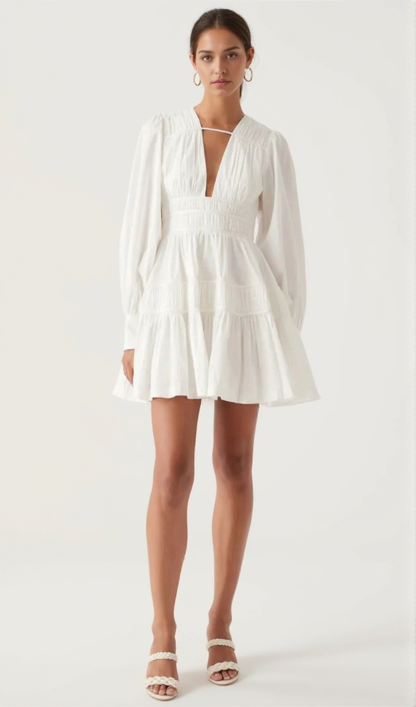 AIIZIE VALERIE FALLINGWATER RUCHED MINI DRESS IN WHITE - product image