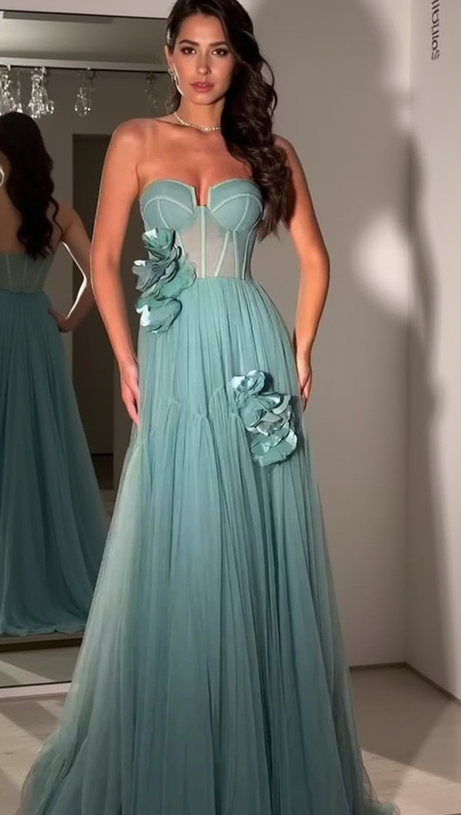 AALIYAH GREEN FLOWER EMBELLISH TULLE STRAPLESS MAXI DRESS