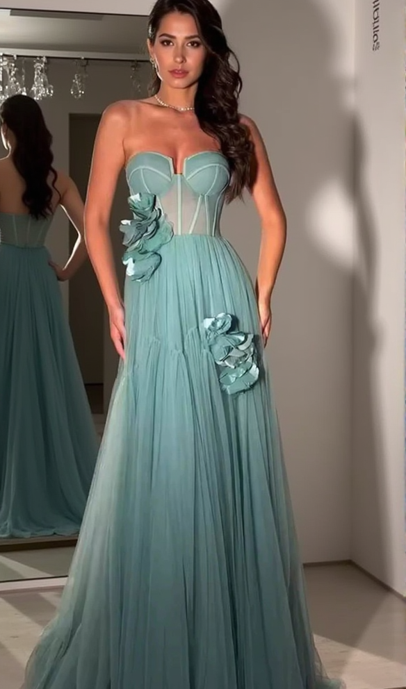 AIIZIE AALIYAH GREEN FLOWER EMBELLISH TULLE STRAPLESS MAXI DRESS - product image