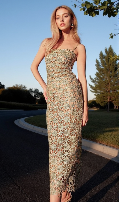 AGNES GOLD LACE CROCHET CUTOUT MIDI DRESS