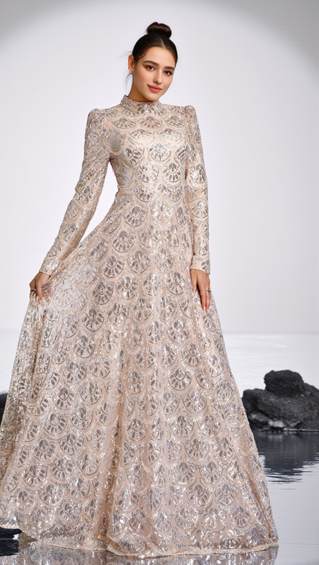 LONG SLEEVE LACE BACK SEQUIN MAXI DRESS IN GOLD