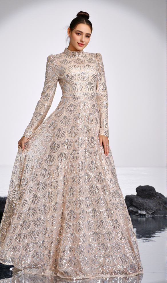 AIIZIE LONG SLEEVE LACE BACK SEQUIN MAXI DRESS IN GOLD - product image