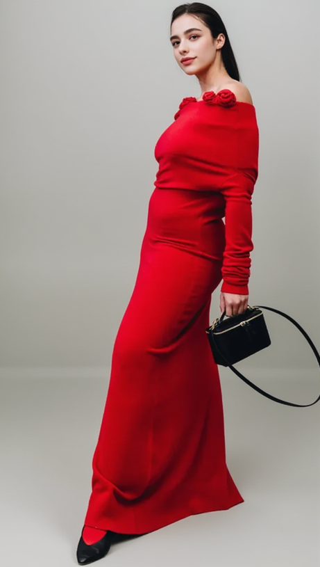 OFF-SHOULDER FLORAL EMBELLISHED RUCHED MAXI DRESS IN RED