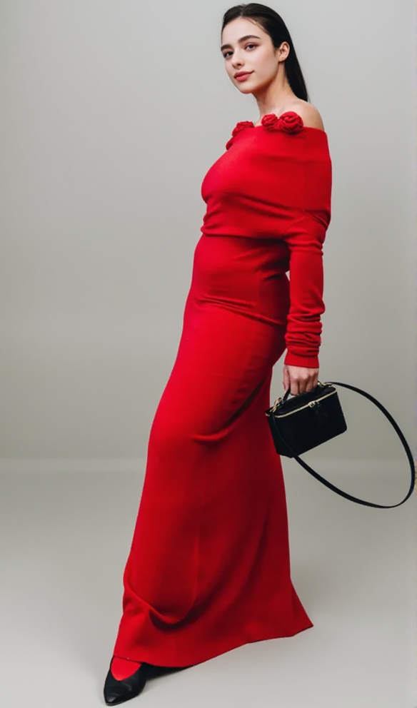 OFF-SHOULDER FLORAL EMBELLISHED RUCHED MAXI DRESS IN RED