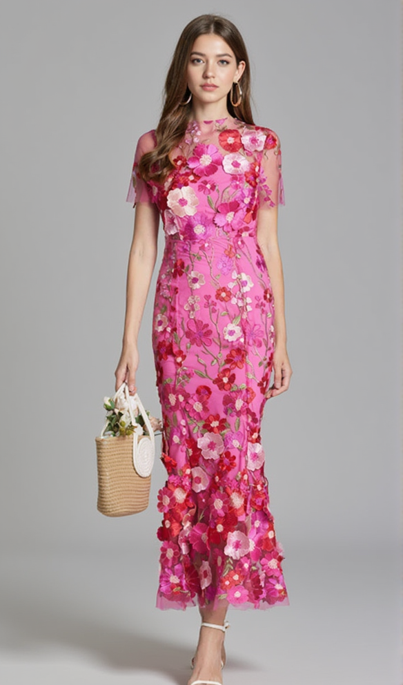 CAROL ROSE – Rotes Midikleid aus Netzstoff mit Blumenstickerei und Fischschwanz