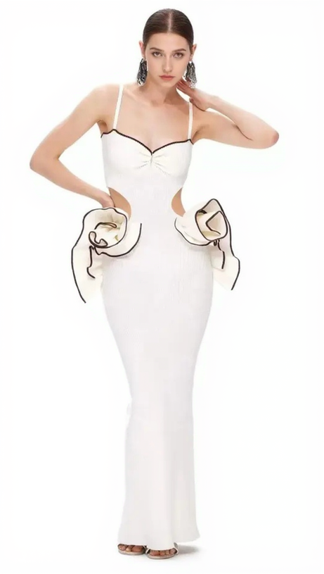 LILLIAN WAIST FLOWER RUFFLE EMBELLISHED CUT OUT MAXI DRESS