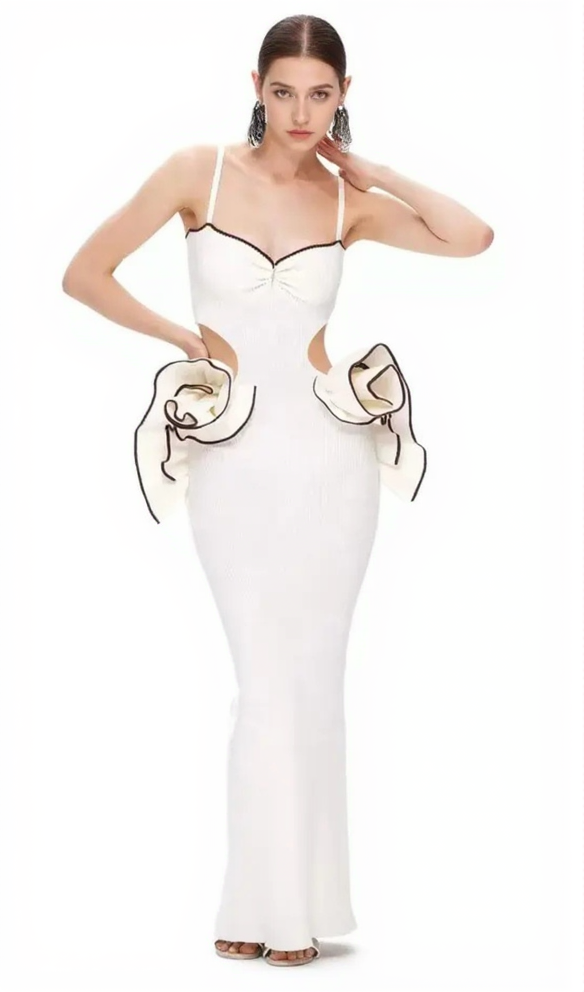 LILLIAN WAIST FLOWER RUFFLE EMBELLISHED CUT OUT MAXI DRESS