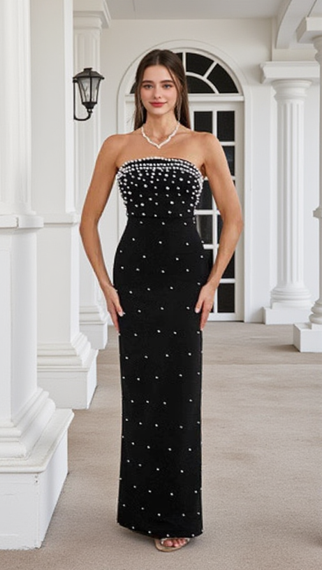PEARL-EMBELLISHED STRAPLESS GOWN IN BLACK