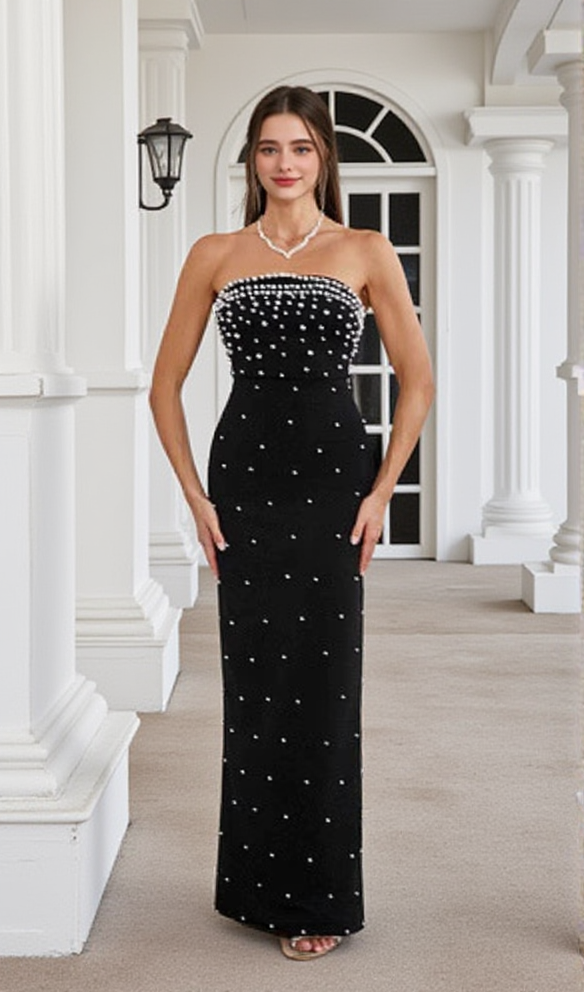 PEARL-EMBELLISHED STRAPLESS GOWN IN BLACK
